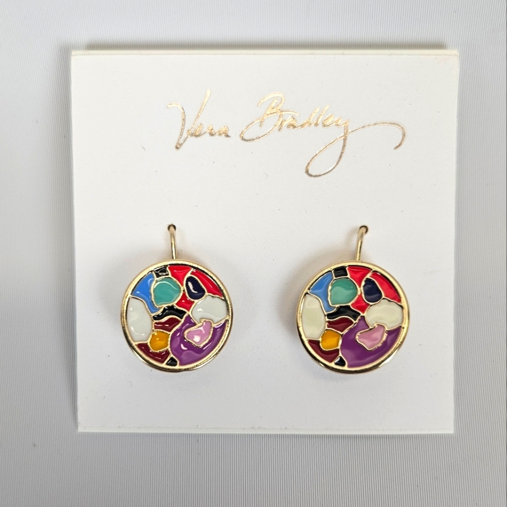 New Vera Bradley Coin Enamel Drop Earrings Gold Tone Impressionista Colorful